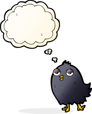 Bir insan tarafından çizilmiş düşünce baloncuklu komik çizgi film kuşu.