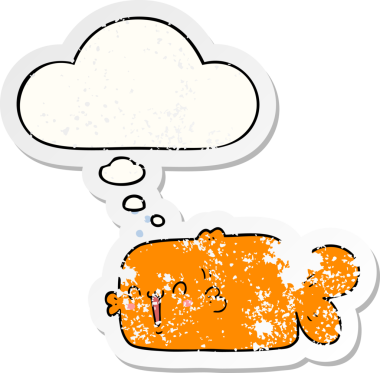 Düşünce baloncuklu karikatür balığı insan tarafından çizilmiş yıpranmış bir çıkartma gibi.