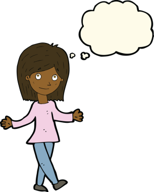 Bir insan tarafından çizilen düşünce baloncuğu ile ilgili endişesi olmayan çizgi film kadını.