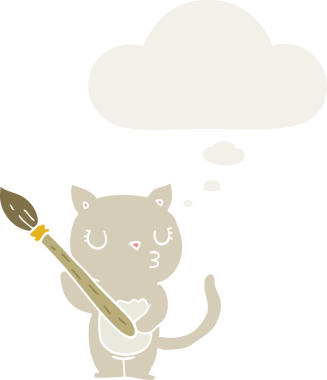 Bir insan tarafından çizilmiş düşünce baloncuğu olan sevimli çizgi film kedisi.