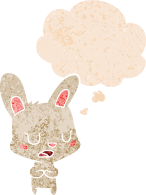 Düşünce baloncuğuyla konuşan çizgi film tavşanı bir insan tarafından çizilmiş dertli retro tarzı.