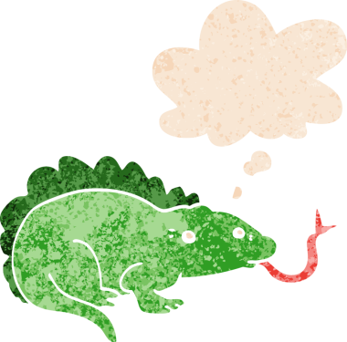 Düşünce baloncuğu ile çizgi film kertenkelesi grunge sıkıntılı retro tarzı bir insan tarafından çizilmiş