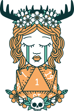 Retro Dövme Tarzı Ağlayan İnsan Druid Bir insan tarafından çizilmiş doğal bir D20 ruloyla