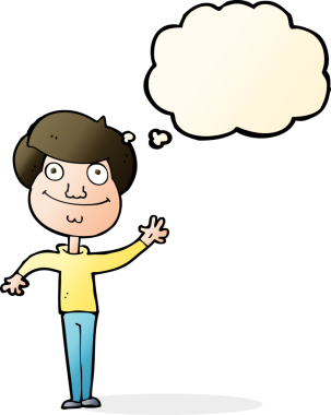 Bir insan tarafından çizilmiş düşünce baloncuğuyla el sallayan mutlu bir adam.