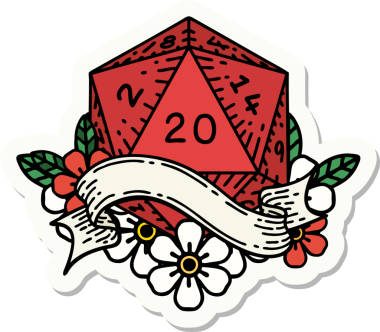 Bir insan tarafından çizilmiş 20 D20 zarının çıkartması.