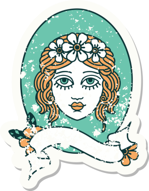 Üzerinde bir insan tarafından çizilmiş saçlarında çiçekler olan bir bakirenin sancağı olan eski bir etiket.