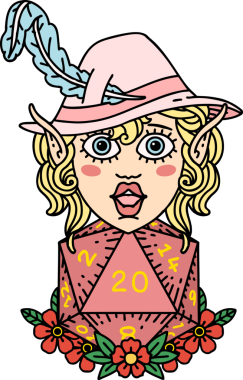 Retro Dövme Tarzı Elf karakteri Bir insan tarafından çizilmiş doğal yirmi zar ile