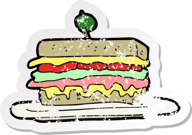 Bir insanın çizdiği karikatür sandviçin gerilimli retro yapıştırması.