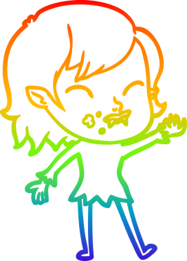 Gökkuşağı gradyan çizgisi. Bir insan tarafından çizilmiş yanağında kan olan vampir bir kız çizgi filmi.