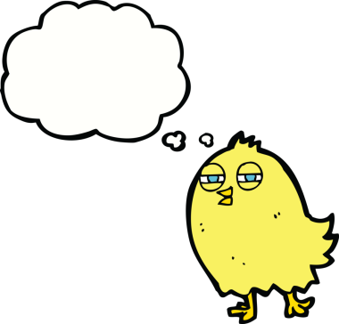 Bir insan tarafından çizilmiş düşünce baloncuklu komik çizgi film kuşu.