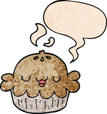 Bir insan tarafından çizilmiş eski moda konuşma baloncuklu şirin bir çizgi film pastası.