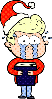 Bir insan tarafından çizilmiş Noel Baba şapkası giymiş ağlayan bir adamın el çizimi çizgi roman tasviri.