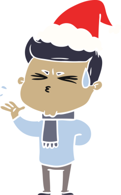 Bir insan tarafından çizilmiş Noel Baba şapkası giymiş terleyen bir adamın el çizimi düz renk çizimi.