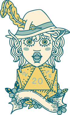 Retro Dövme Tarzı Elf Ozanı Bir insan tarafından çizilmiş doğal yirmi zar atışıyla