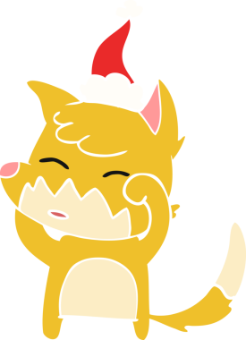 Bir insan tarafından çizilmiş Noel Baba şapkası takan bir tilkinin düz renkli çizimi.