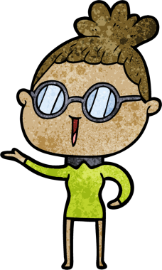 Bir insan tarafından çizilmiş gözlüklü bir karikatür kadın.