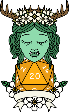 Retro Dövme Biçimli Ork karakteri bir insan tarafından çizilmiş 20 zar ile