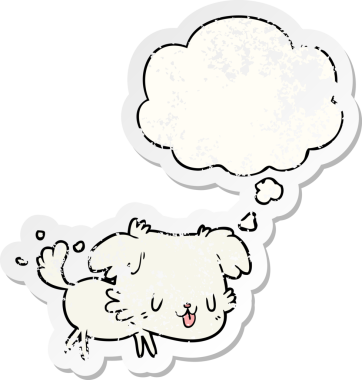 Düşünce baloncuğu olan çizgi film köpeği insan tarafından çizilmiş yıpranmış bir çıkartma gibi.