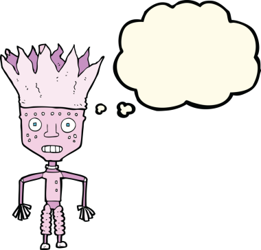 Bir insan tarafından çizilmiş düşünce baloncuklu taç giyen komik çizgi film robotu.
