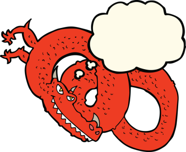 Bir insan tarafından çizilmiş düşünce baloncuklu çizgi film ejderhası.