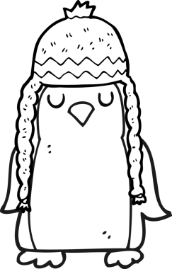 Bir insan tarafından çizilmiş kış şapkası giyen siyah beyaz robin çizimi.