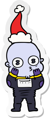 Bir insan tarafından çizilmiş Noel Baba şapkası giyen kel bir uzaylının el yazısı.