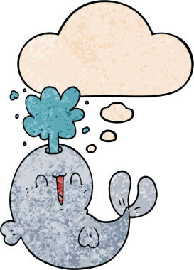 Çizgi film balinası, bir insan tarafından çizilmiş grunge desenli düşünce baloncuğuyla su fışkırtıyor.