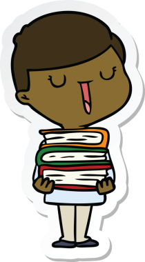 Bir insan tarafından çizilmiş bir yığın kitabı olan mutlu bir çocuğun çıkartması.