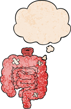 Karikatür, insan tarafından çizilmiş grunge desenli düşünce baloncuklarıyla bağırsakları onardı.