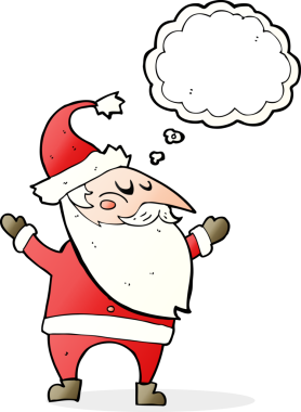 Bir insan tarafından çizilmiş düşünce baloncuklu Noel Baba çizgi filmi.