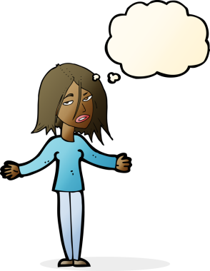 Bir insan tarafından çizilmiş düşünce baloncuğuyla omuz silken çizgi film kadını.