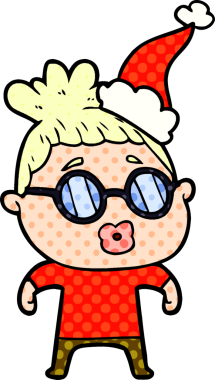 Bir insanın çizdiği Noel Baba şapkası takan bir kadının el çizimi çizgi roman tasviri.