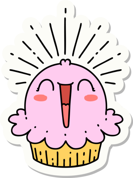 Dövme stili çıkartma. Bir insan tarafından çizilmiş mutlu şarkı söyleyen kek.