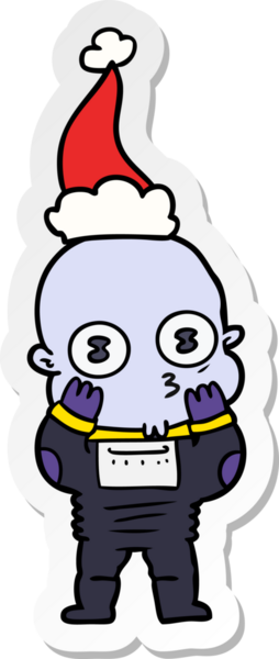 Bir insan tarafından çizilmiş Noel Baba şapkası giyen kel bir uzaylının el yazısı.