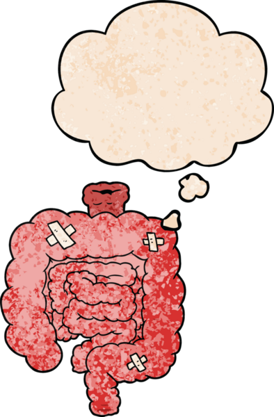 Karikatür, insan tarafından çizilmiş grunge desenli düşünce baloncuklarıyla bağırsakları onardı.