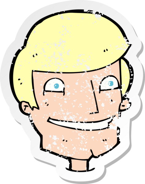 Bir insan tarafından çizilmiş sırıtan bir çizgi film karakterinin kederli retro yapıştırması.