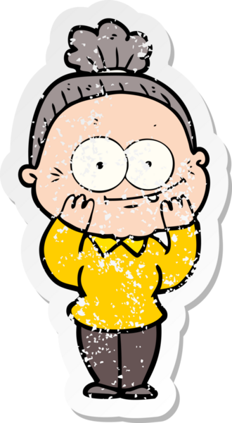 Bir insan tarafından çizilmiş mutlu, yaşlı bir kadının sıkıntılı çıkartması.