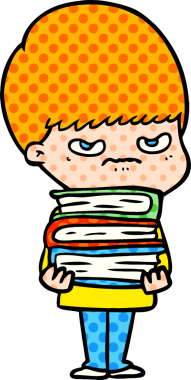 Bir insan tarafından çizilmiş kitapları olan kızgın çizgi film çocuğu.