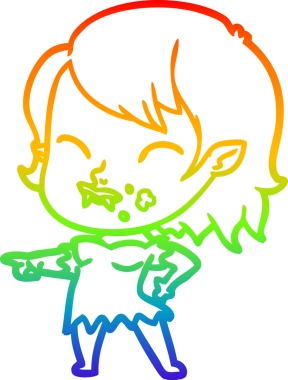 Gökkuşağı gradyan çizgisi. Bir insan tarafından çizilmiş yanağında kan olan vampir bir kız çizgi filmi.