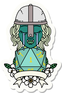 Ağlayan bir Ork savaşçı karakterinin çıkartması. Bir insan tarafından çizilmiş doğal bir D20 rulosu var.