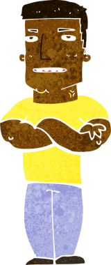 Bir insan tarafından çizilmiş kolları katlanmış sert adam çizgi filmi.