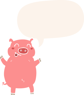 Bir insan tarafından çizilmiş, konuşma baloncuklu çizgi film domuzu.