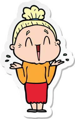 Bir insan tarafından çizilmiş mutlu yaşlı bir kadının çıkartması.