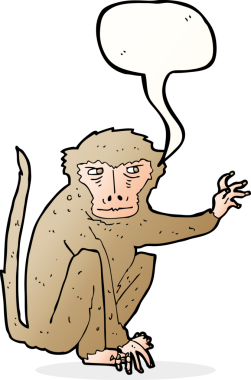 Bir insan tarafından çizilmiş konuşma balonlu kötü maymun çizgi filmi.