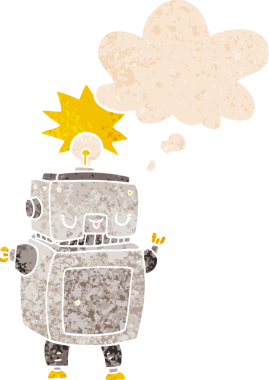 grunge 'da düşünce baloncuğu olan karikatür robotu bir insan tarafından çizilmiş gerilimli retro stil