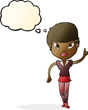 Bir insan tarafından çizilmiş düşünce baloncuğu fikri olan karikatür kadın.