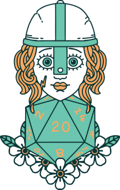 Retro Dövme Tarzı İnsan Dövüşçüsü Doğal 20 D20 zar atışıyla Bir insan tarafından çizilmiş