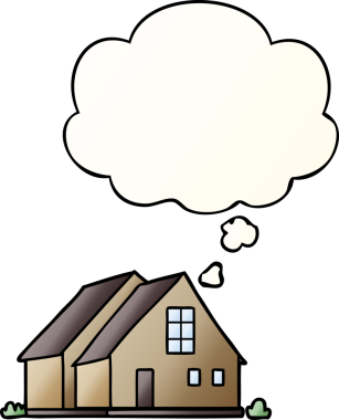 Düşünce baloncuklu çizgi film evi bir insan tarafından çizilmiş.