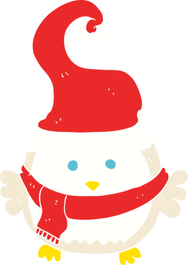 Bir insan tarafından çizilmiş Noel şapkası takan baykuşun düz renk çizimi