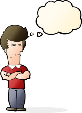 Bir insan tarafından çizilmiş düşünce balonlu kolları katlanmış çizgi film adamı.